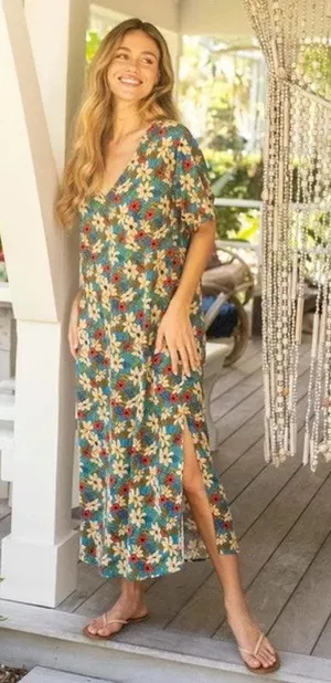 Natural Life Claire Maxi Dress in Blue Tan lilies WOMENS LARGE thumbnail 1