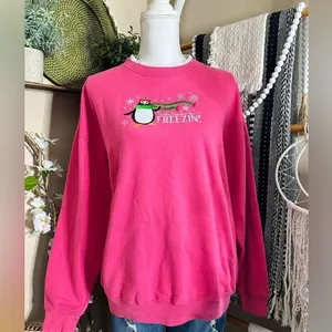 Vintage Christmas Winter Penguin Grannycore Double Crewneck Pink Sweatshirt thumbnail 6