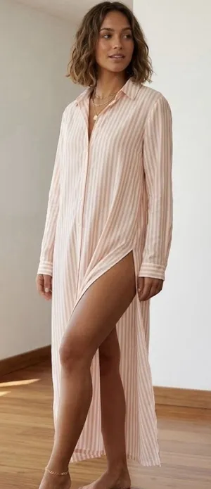 Rococo Striped Viscose Cover Up Dress Size M Long Sleeve Sheer Beach Resort NWT thumbnail 1