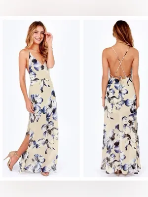 LUSH Long Ivory & Blue Floral Maxi Dress Sz S thumbnail 2