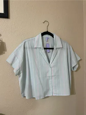 New Florence By Mills Cotton Stripe Short Sleeve Button Top Size Small Seagrass thumbnail 4