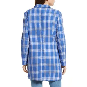 BB Dakota Steve Madden Women's Blue White Plaid Long Blazer Jacket Collared S thumbnail 15