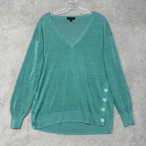 J‎ Crew Sweater Womens Medium Green Button V Neck Linen Blend Top Casual Coastal thumbnail 1
