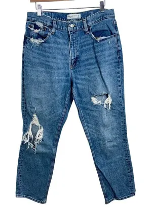 Abercrombie & Fitch High Rise Mom Jean Blue Denim Distressed Jeans Size 30 10 R thumbnail 1