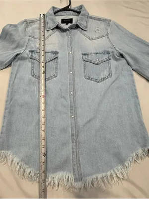 Risen Light Blue Denim pearl snap Button Shirt Distressed Size M thumbnail 8