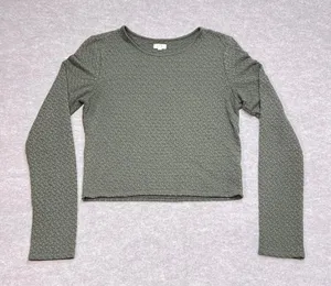 Aerie Womens Olive Green Textured Long Sleeve Crop Top Size Medium Crew Neck EUC thumbnail 1