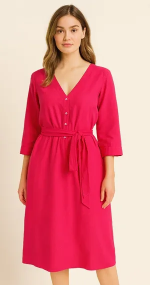 Rosso35 100% Linen Belted Midi Shirt Dress Fuchsia Pink Italy US 14 thumbnail 1
