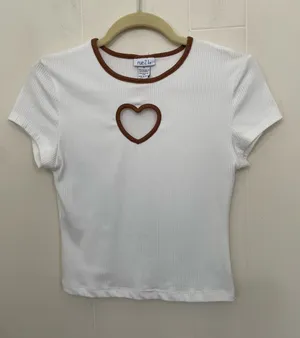 Rue 21 Baby Doll Top Heart Cut Out Size M White Ribbed Brown Trim Y2K 2000s thumbnail 1