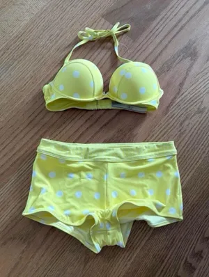 Frankie's Bikinis Yellow Polka Dot Bikini Set - Two Piece Swim Top & Boyshorts thumbnail 1