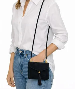 NWT Black Faux Suede Crossbody Purse w/‎ Tassel & Gold Hardware thumbnail 1