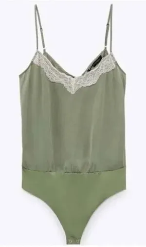 NWT green‎ silk bodysuit lace trim thumbnail 1