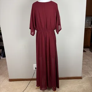 ANRABESS Maxi Dress‎ XL Maroon Sheer Lined Slit Dolman 3/4 Sleeve Elastic Waist thumbnail 9