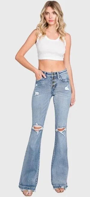 Altar'd State Blue Distressed Mid Rise Stretch Flare Jeans Size 7/27 thumbnail 1