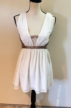 Tobi Gold metallic skater dress white mini Roman dress sequin straps NWT XS thumbnail 1