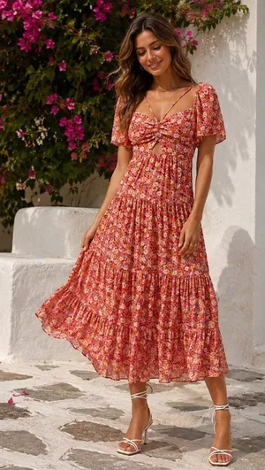 ASTR Cinched Bust Cut Out Center Dress in Red Multi Floral Size Small NWT thumbnail 1