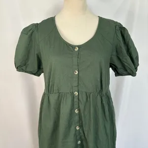 Honey Button Front Dress Puff‎ Sleeve Tiered Hem Casual Green Women's Large thumbnail 2