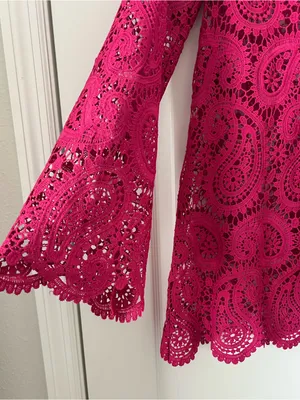 Vici Fuchsia Paisley Lace Crochet Long Sleeve Swim Cover-Up Mini Dress Front Tie thumbnail 4