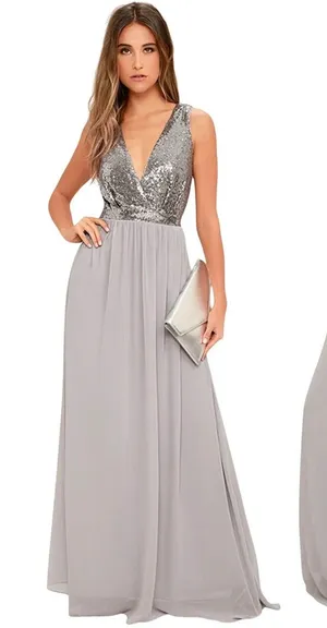 Lulus Elegant Encounter Pewter Sequin Maxi Dress Silver Grey V-Neck Gown Small thumbnail 1