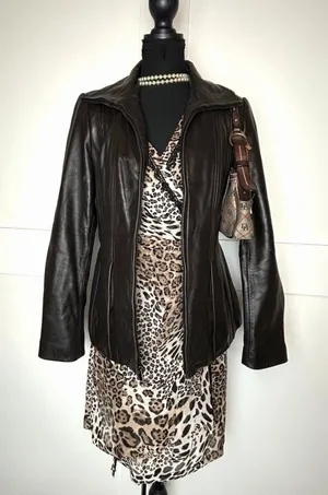 Y2K Indie Sleaze Jones New York Brown Leather Jacket Pleated Zip Up Grunge thumbnail 1