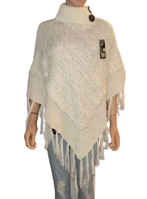 Sequined Fringe Turtleneck Poncho White thumbnail 1