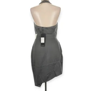 NWT Elliatt Camo Blouson Halter Dress Sz Large Charcoal Gray Asymmetrical Satin thumbnail 6