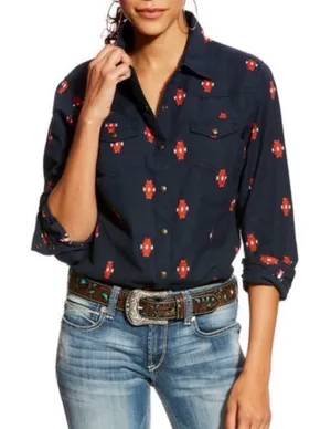 Ariat Real Mesmeric M Navy Blue Geometric Embroidered Western Shirt Long Sleeve thumbnail 1