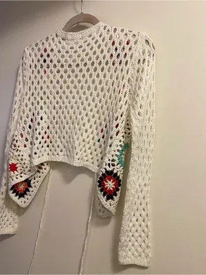 Debut Womens S Small Cardigan White Crochet Granny Squares Boho Festival Cottage thumbnail 7