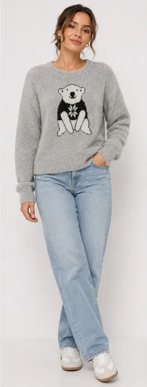 French Laundry Gray & Black Fuzzy Sweater with Polar Bear Design, Size L‎ thumbnail 1