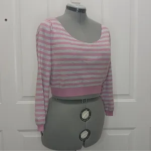 Free people gray pink striped crop off the shoulder sweater pullover size XS thumbnail 10