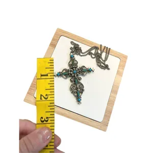 Signed Roma Cross Pendant Necklace Petit Point Faux Turquoise Christian Vintage thumbnail 6