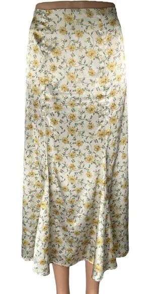 Lulus White Yellow Floral Silk Satin High Waisted Peasant Slip Midi Skirt Size M thumbnail 1