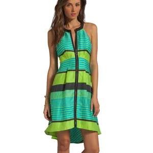 Nanette Lepore Bogatell Dress 2 Green Blue Linen Blend Stripe Feminine Chic ASO‎ thumbnail 3