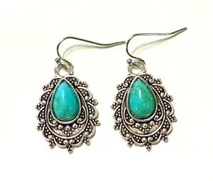 Earrings Boho Dangle Drop Silver Tone With Faux Turquoise New thumbnail 1