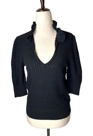 Ganni Sweater Women Small Black Linen Cotton Blend Textured Knit Ruffle Collar‎ thumbnail 1
