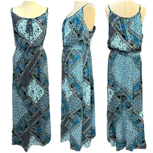 Faded Glory XL Blue Patchwork Floral Spaghetti‎ Strap Smocked Waist Maxi Dress thumbnail 2