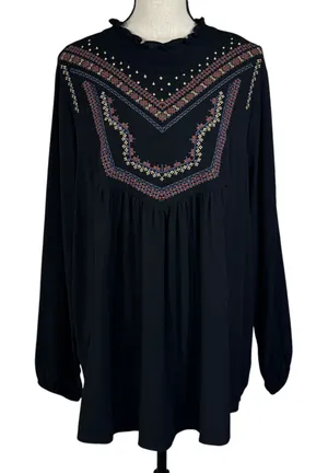 Torrid SZ 2 (2X-Large) Tunic Top Embroidered Ruffled Neck Long Balloon Sleeves thumbnail 1