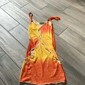 Pretty little thing orange yellow mesh cutout mini dress thumbnail 2