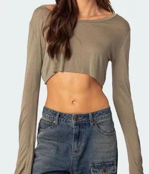 Edikted brand new with tags NWT olive green sage green long sleeve crop top Sheer Raw Hem Crop Top thumbnail 1