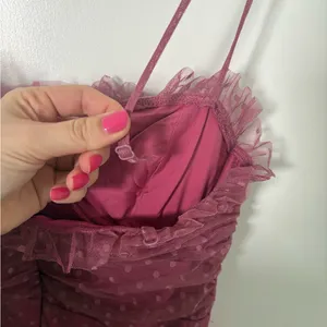 Lulus Sweetheart Style Mauve Polka Dot Bustier Tiered Midi Dress Size Small NWT thumbnail 11