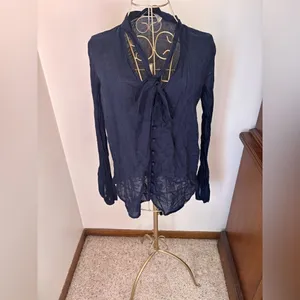 Abercrombie & Fitch Cotton Voile Bow Tie Button Down Top Medium Navy thumbnail 4