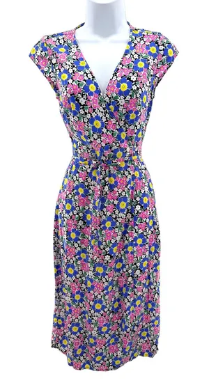 J.Crew Women XXSP Floral Wrap Midi Dress Cap Sleeve Blue Pink Yellow‎ New L4210 thumbnail 1