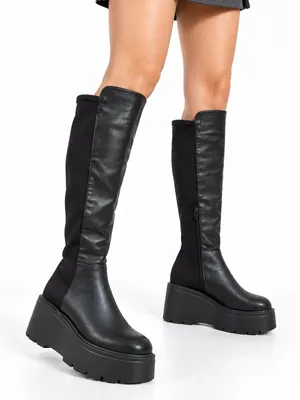 Black Over Knee Platform Boots Chunky Sole Stretch Faux Leather Size 5. 5 Goth thumbnail 1