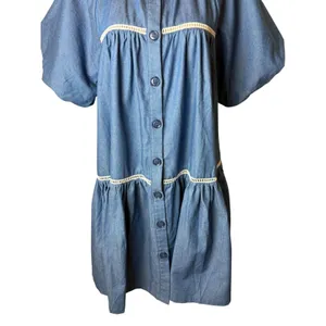 En Saison Tara Tiered Cotton Trapeez Shirtdress Women Medium Blue Mini Bohoi‎ thumbnail 3
