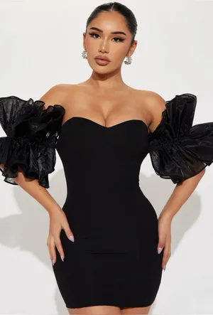 Black Ruched Bodycon Mini Dress Sweetheart Organza Ruffle Sleeves Size Small thumbnail 1
