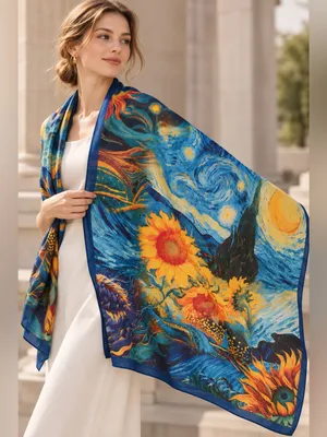 Van Gogh Inspired Starry Night Sunflower Scarf Blue Yellow Art Print Shawl thumbnail 6