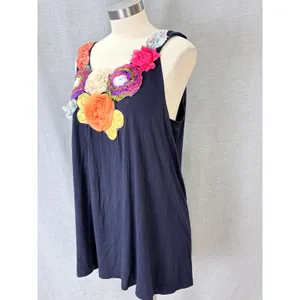 Feratelli Tank Top L Navy 3D Floral Rosette Applique Cotton Artsy Whimsical thumbnail 5