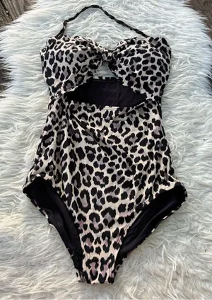 kate spade Leopard Print One-Piece Swimsuit in Black and Cream thumbnail 1