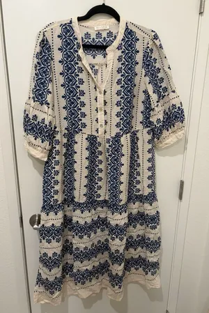 Fig + Flower Woven Boho Peasant Dress Fancy Ivory/ Navy Size L thumbnail 1