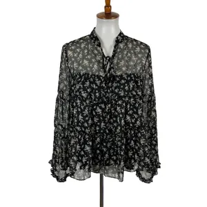 English Factory Blouse Small Black Gray Sheer Boho Long Sleeve Vintage thumbnail 2