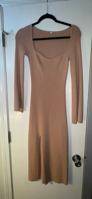 Sweater Dress With A Slit Tan thumbnail 2